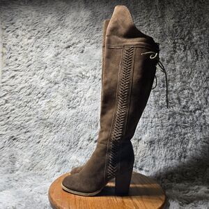 Sbicca Gusto Womens Size 7 Over the Knee Tie Tan Suede Leather 3.5" Heel Boots